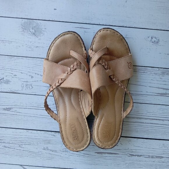 BORN Wedge Toe Loop Sandals Brown Braided Leather Womans 6 - Picture 2 of 10